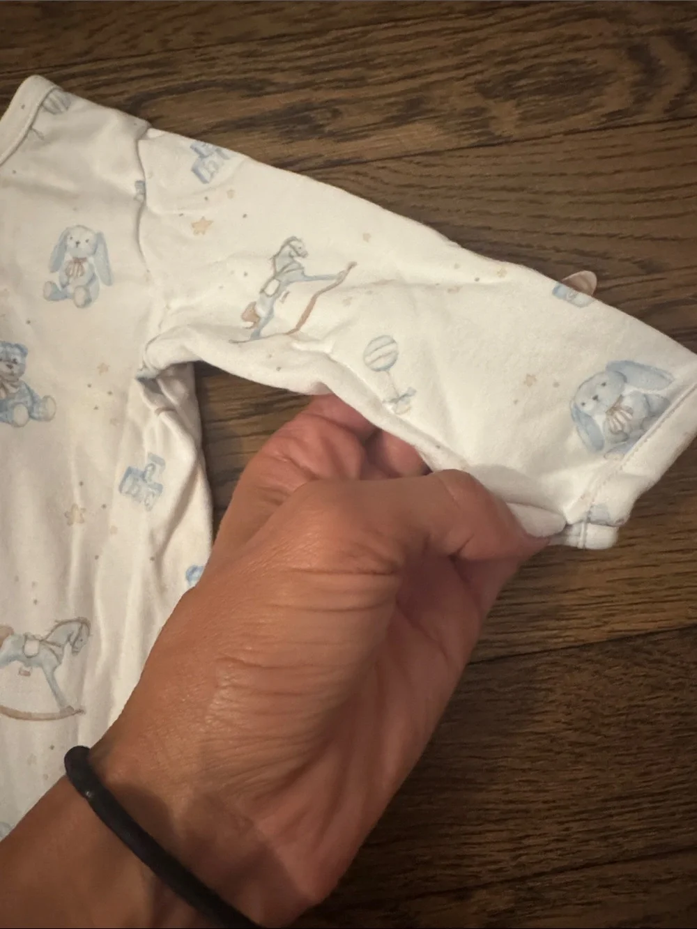Baby Club Chic 0-3 months onesie - White & Blue Teddy bears & rocking horse